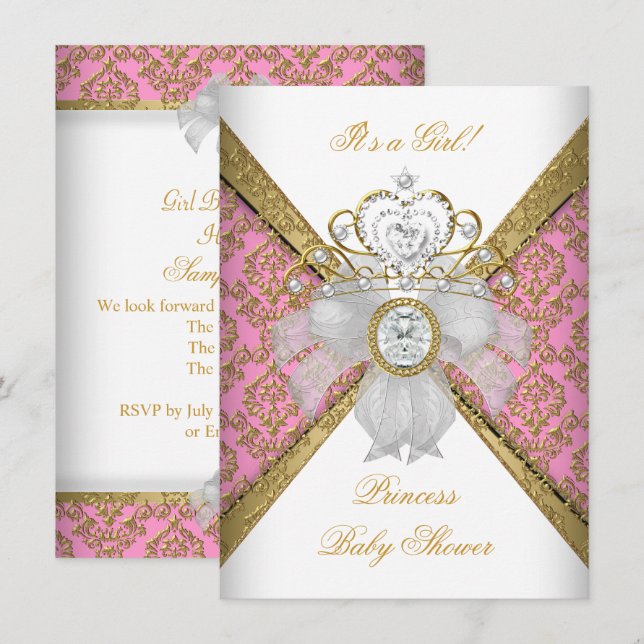 Convites Chuva de Bebê Menina Branco Rosa Princesa Damasco (Frente/Verso)
