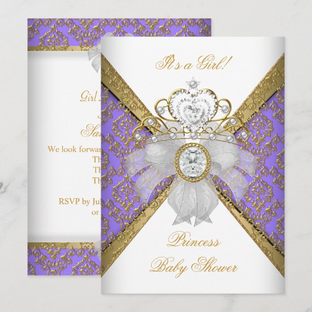 Convites Chuva de Bebê Menina Branco Roxo Princesa Damasco (Frente/Verso)