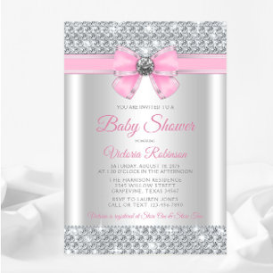 Convites Chuva de Bebê Menina Brilho Prata Rosa Luxo