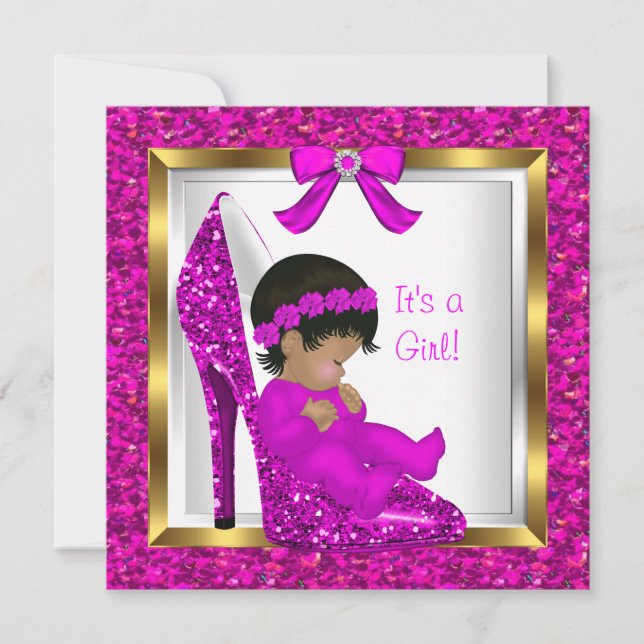 Convites Chuva de Bebê Menina Brilho Rosa Bebê no Sapato (Frente)