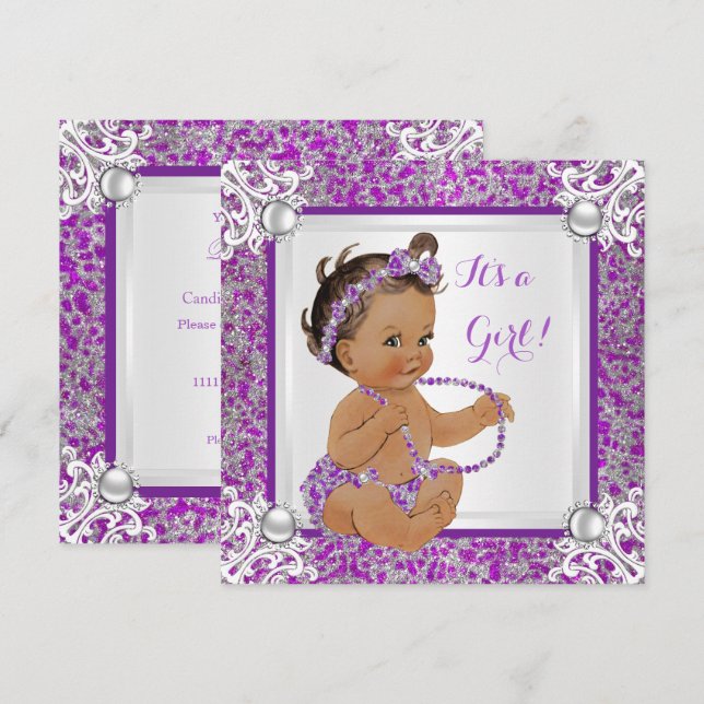 Convites Chuva de Bebê Menina Brilho Roxo Prata Renda Moren (Frente/Verso)