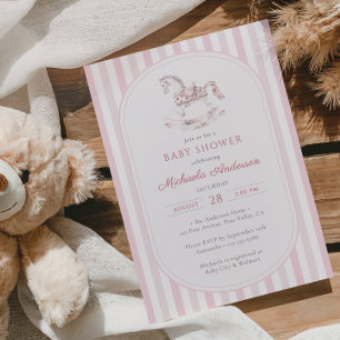 Convites Chuva de Bebê Menina Cavalo de Balanço Toile Rosa