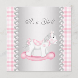Convites Chuva de Bebê Menina Cavalo de Pau Xadrez Rosa Pér