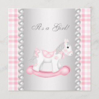 Convites Chuva de Bebê Menina Cavalo de Pau Xadrez Rosa Pér