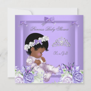 Convites Chuva de Bebê Menina Cinza Lavanda Afro-Americana 