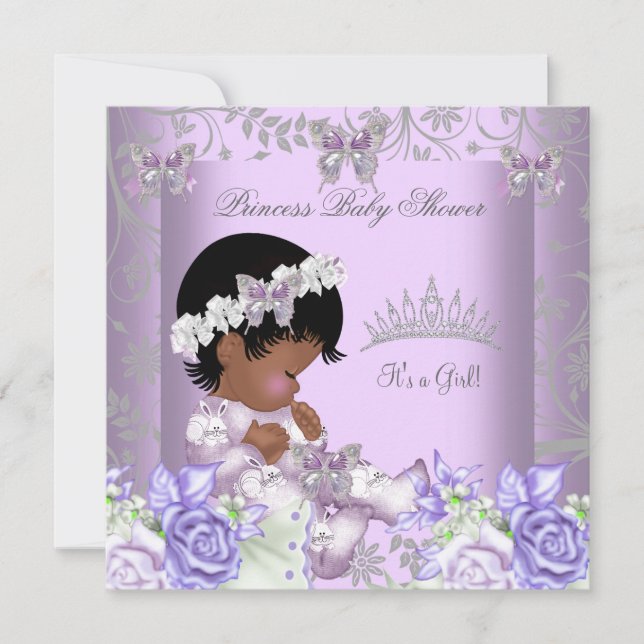 Convites Chuva de Bebê Menina Cinza Lavanda Afro-Americana  (Frente)