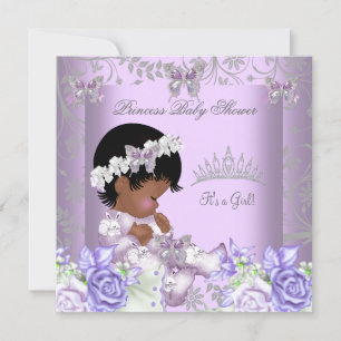 Convites Chuva de Bebê Menina Cinza Lavanda Afro-Americana 