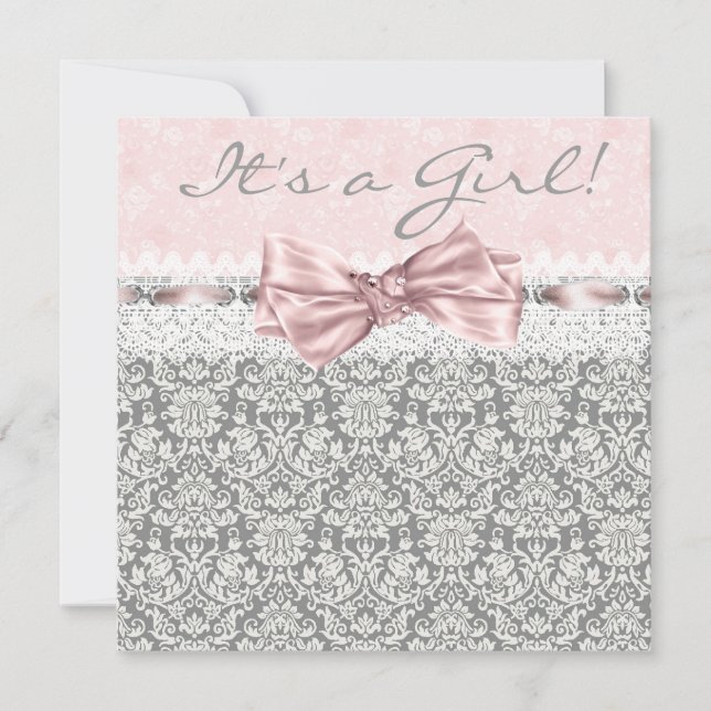 Convites Chuva de Bebê Menina Cinza Rosa Damasco (Frente)