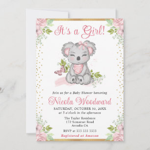 Convites Chuva de Bebê Menina Coala Floral Fofo Aquarela