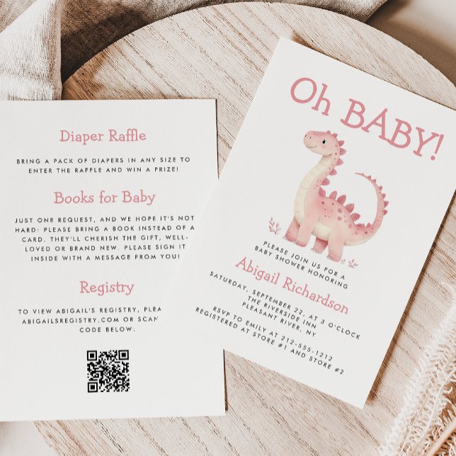 Convites Chuva de Bebê Menina Código QR Dinossauro Rosa Oh  (Criador carregado)