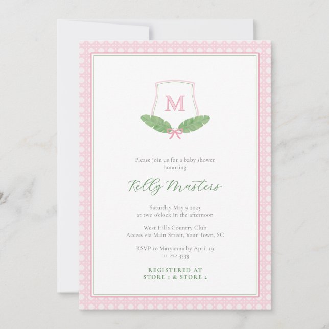 Convites Chuva de Bebê Menina com Cana de Monograma Rosa Ve (Frente)