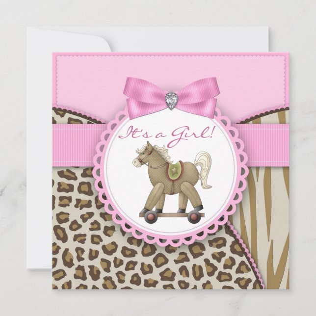 Convites Chuva de Bebê Menina com Cavalo Marrom e Rosa (Frente)