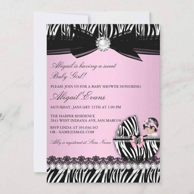 Convites Chuva de Bebê Menina com Estampa de Zebra e Laço (Frente)