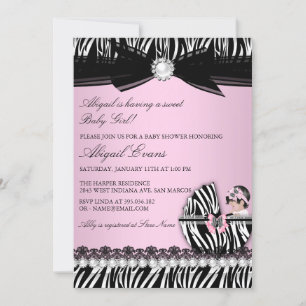 Convites Chuva de Bebê Menina com Estampa de Zebra e Laço