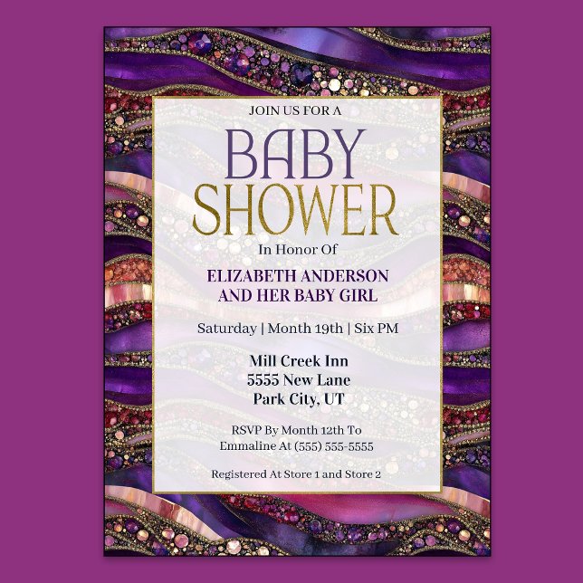 Convites Chuva de Bebê Menina com Estratos de Joias em Dour (Purple and Gold Jeweled Strata Baby Shower Invitation)