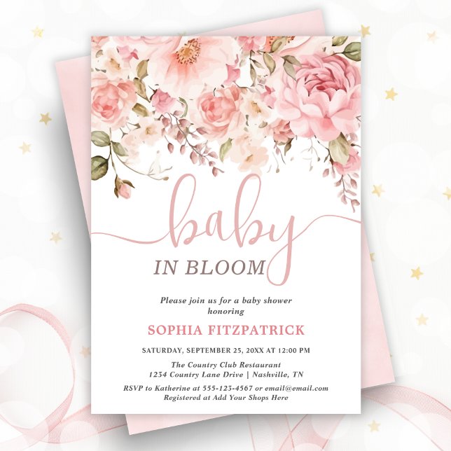 Convites Chuva de Bebê Menina com Flores em Aquarela (Baby in Bloom Watercolor Flowers Girl Baby Shower Invitation)