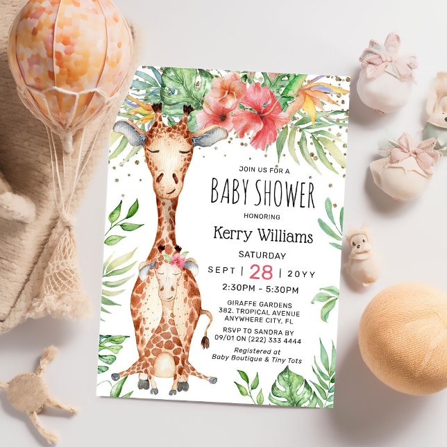 Convites Chuva de Bebê Menina com Girafa Fofa e Vegetação T (Criador carregado)