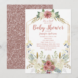 Convites Chuva de Bebê Menina com Glitter Rosa Dourado Flor