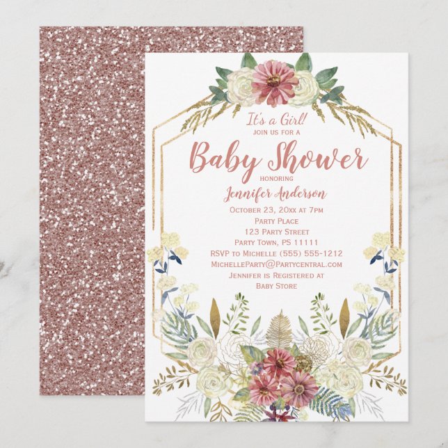 Convites Chuva de Bebê Menina com Glitter Rosa Dourado Flor (Frente/Verso)