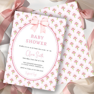 Convites Chuva de Bebê Menina com Laço Floral Rosa Vintage