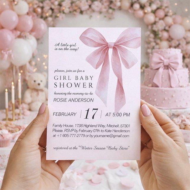 Convites Chuva de Bebê Menina com Laço Rosa (Soft Pink Bow Girl Baby Shower Invitation)