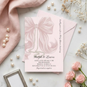 Convites Chuva de Bebê Menina com Laço Rosa e Pérola