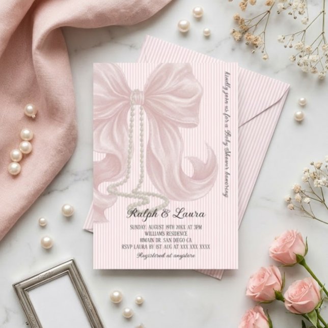 Convites Chuva de Bebê Menina com Laço Rosa e Pérola (Criador carregado)