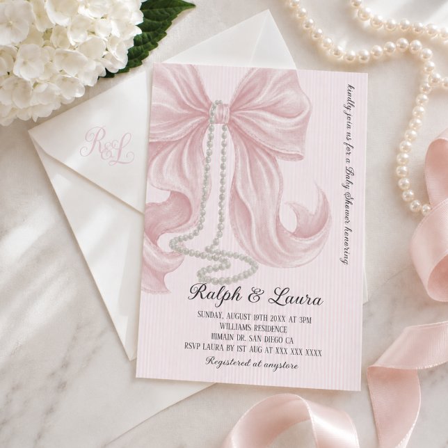 Convites Chuva de Bebê Menina com Laço Rosa e Pérola (Criador carregado)