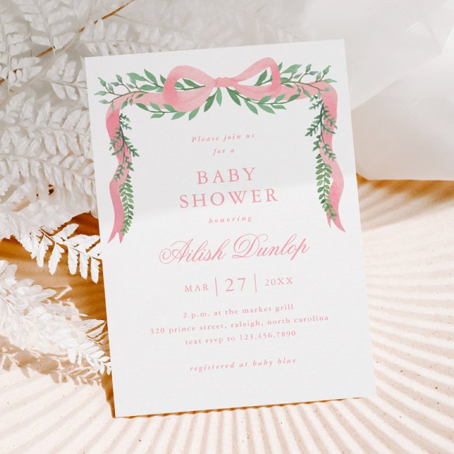 Convites Chuva de Bebê Menina com Laço Rosa Elegante e Folh (Elegant Pink Bow Greenery Girl Baby Shower Invitation.)