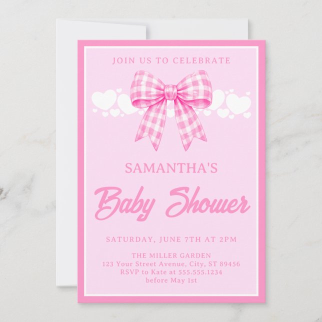 Convites Chuva de Bebê Menina com Laço Xadrez Rosa (Frente)