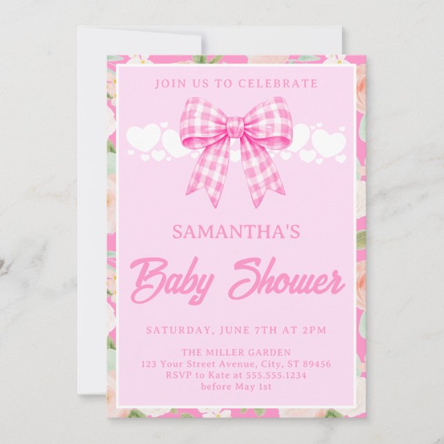 Convites Chuva de Bebê Menina com Laço Xadrez Rosa Flor Sil (Frente)