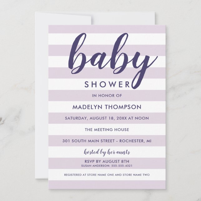 Convites Chuva de Bebê Menina com Listras de Lavanda Modern (Frente)