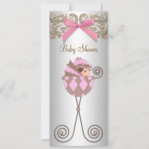 Convites Chuva de Bebê Menina com Renda Rosa Marrom
