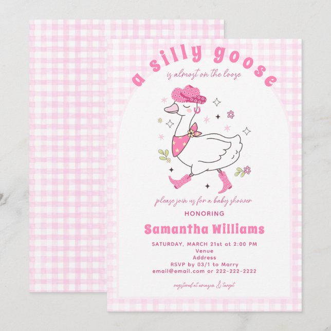 Convites Chuva de Bebê Menina Country Xadrez Gingham Silly  (Frente/Verso)
