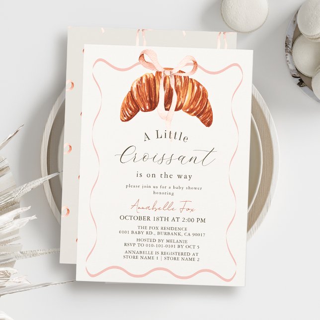 Convites Chuva de Bebê Menina Croissant Pequeno Laço Rosa (Criador carregado)