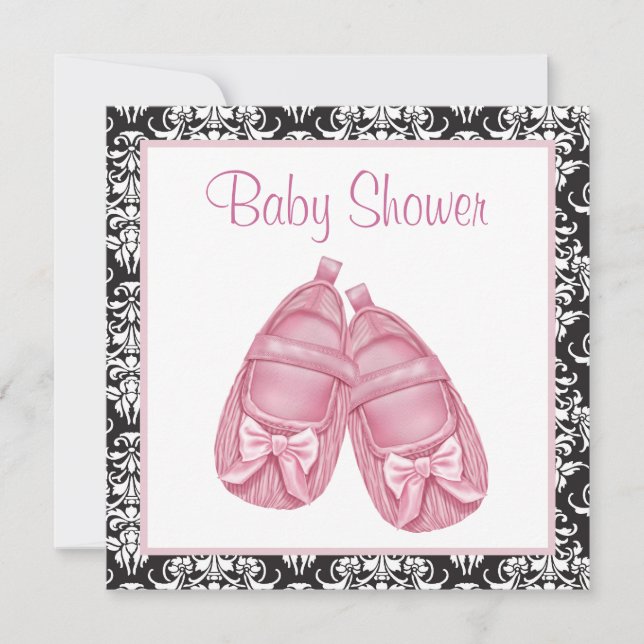 Convites Chuva de Bebê Menina Damasco Rosa e Preto (Frente)