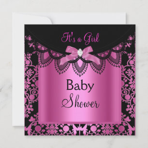 Convites Chuva de Bebê Menina Damask Rosa Quente Preto