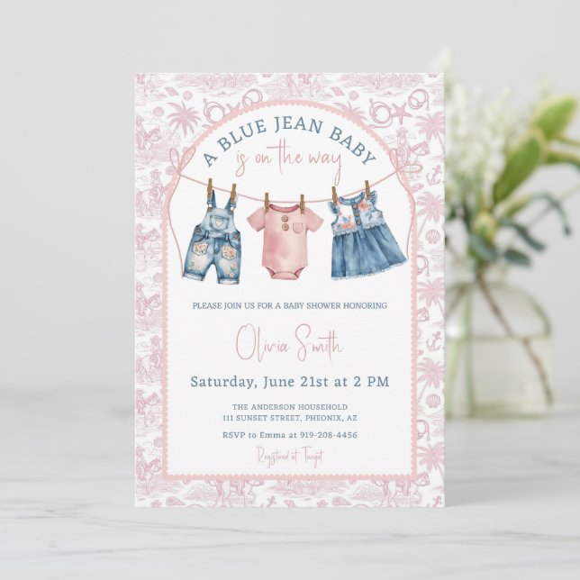 Convites Chuva de Bebê Menina de Denim Blue Jean (Em pé/Frente)