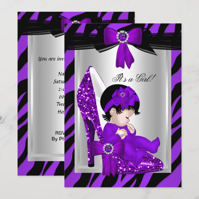 Convites Chuva de Bebê Menina de Saltos Altos Roxo Zebra (Frente/Verso)