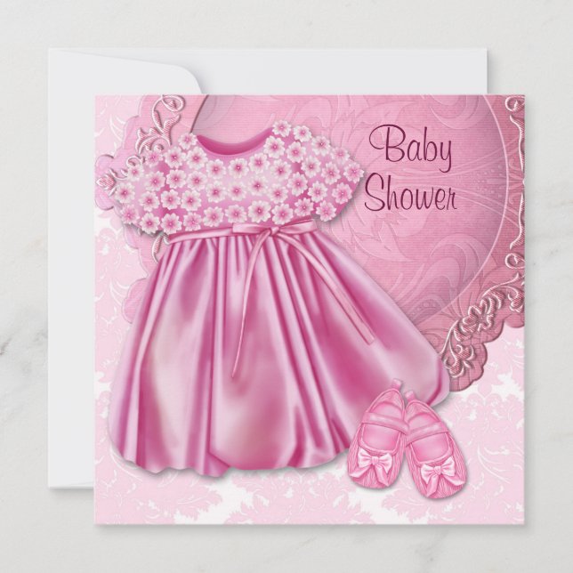 Convites Chuva de Bebê Menina de Vestido Rosa e Damasco Ros (Frente)