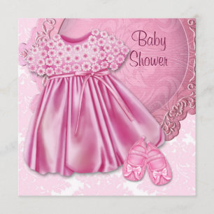 Convites Chuva de Bebê Menina de Vestido Rosa e Damasco Ros