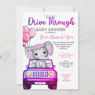 Convites Chuva de Bebê Menina Dirigindo Elefante Rosa Roxo
