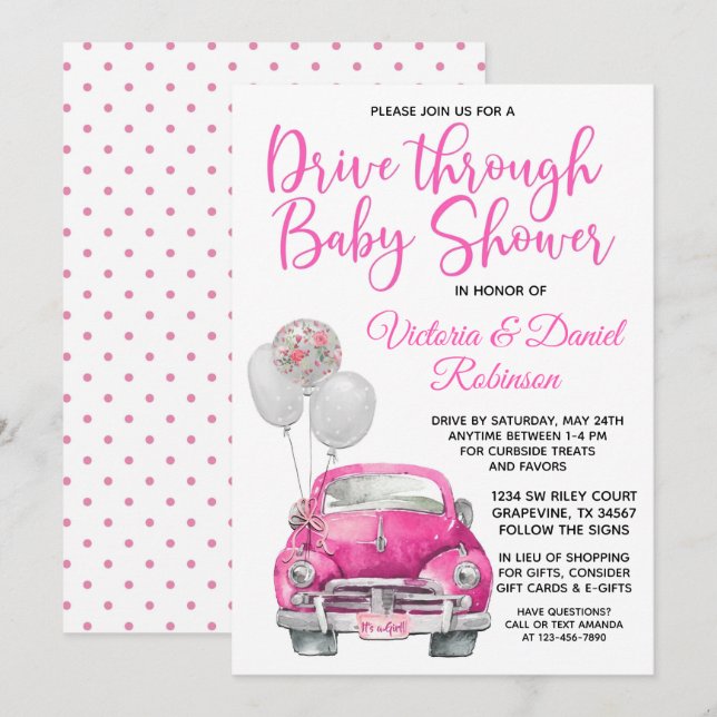 Convites Chuva de Bebê Menina Dirigindo pelo Carro (Frente/Verso)