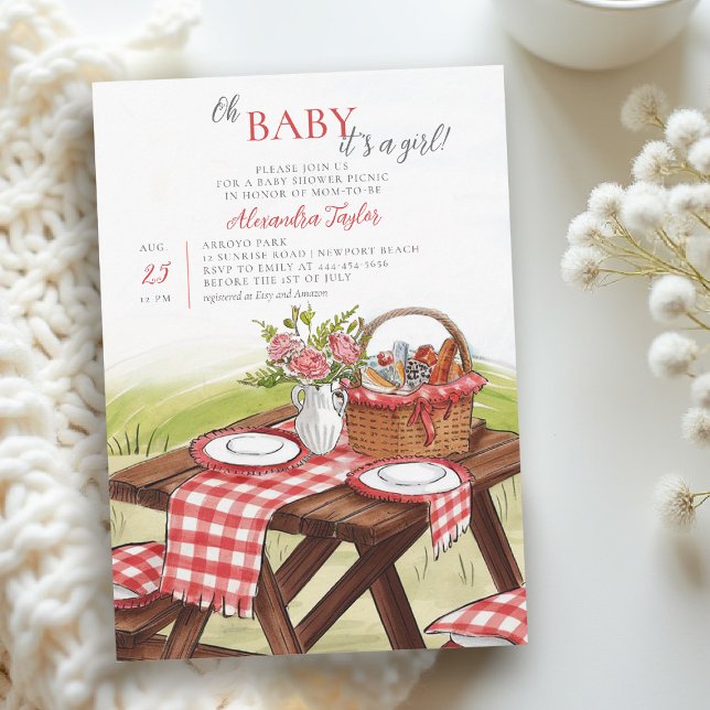 Convites Chuva de Bebê Menina Divertida no Parque de Verão (picnic baby shower ideas red gingham art sketch invitation modern simple classy download)
