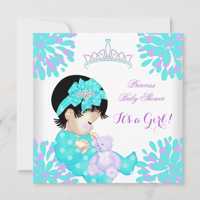 Convites Chuva de Bebê Menina Doce Bebê Azul Turquesa e Urs (Frente)