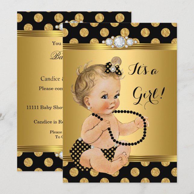 Convites Chuva de Bebê Menina Dourado Preto Pérolas Loira (Frente/Verso)