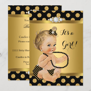 Convites Chuva de Bebê Menina Dourado Preto Pérolas Loira