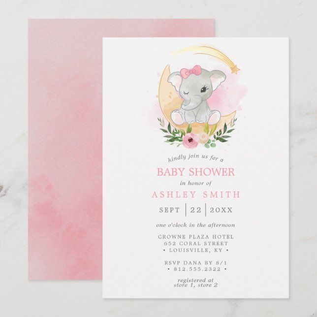 Convites Chuva de Bebê Menina Elefante Aquarela Floral Lua (Frente/Verso)