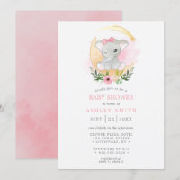 Chuva de Bebê Menina Elefante Aquarela Floral Lua