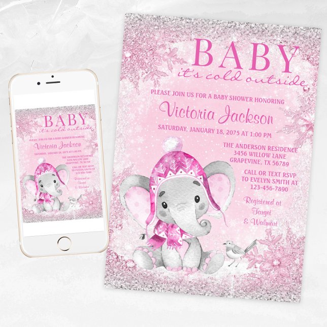 Convites Chuva de Bebê Menina Elefante Bebê Está Frio Fora  (Baby it's cold outside! winter wonderland baby shower invitation with adorable winter elephant.)